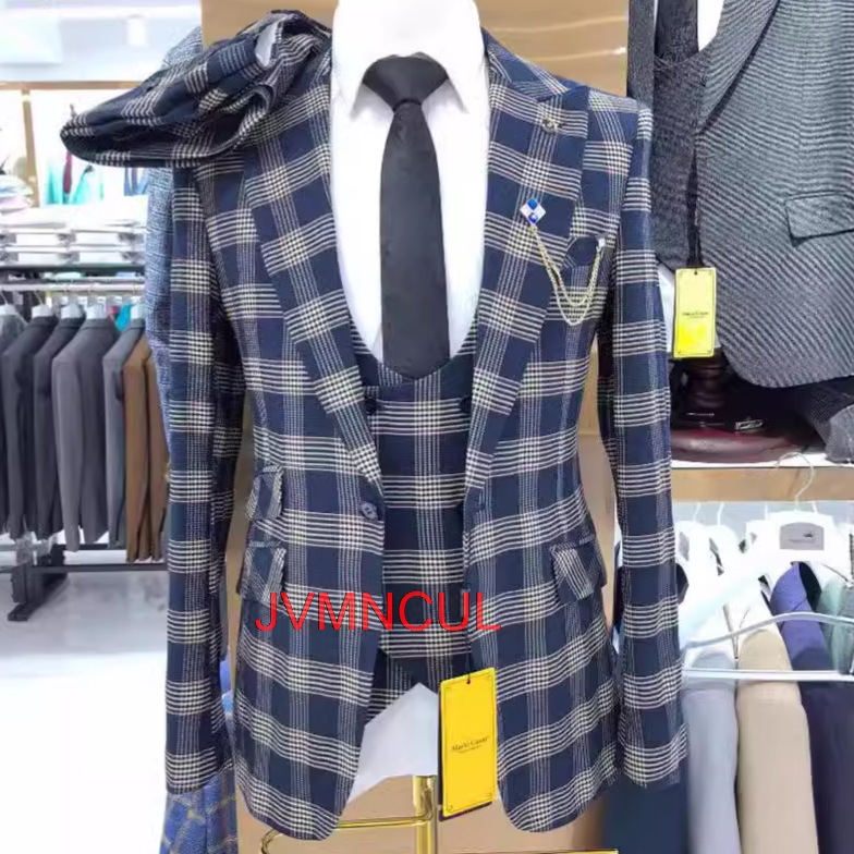 Men'S Formal Wear For Reception - メンズカラーブロック3ピーススーツ モダンスリムフィット ウェディンググルームブレザーベストパンツセット 司会 宴会 パーティー