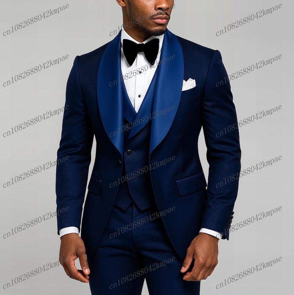 Men'S Formal Attire - 新しいネイビーブルーのフォーマルメンズスーツ、新郎、介添人、結婚式、パーティー、プロム、ビジネス、男性用タキシード、3ピースセット、ブレザー、ベスト、パンツ