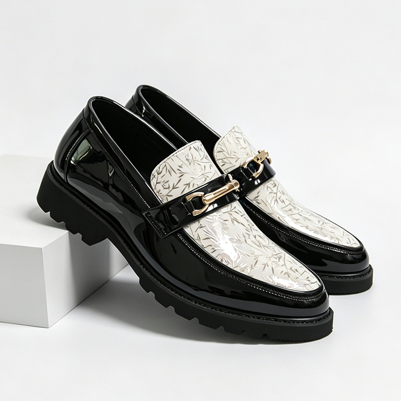 Men'S Formal Attire - メンズツートーンバンブープリントパテントレザーローファー、メタルホースビット、スリッポン、フォーマルドレスシューズ、結婚式、クラブ、ビジネス、デイリーシューズ