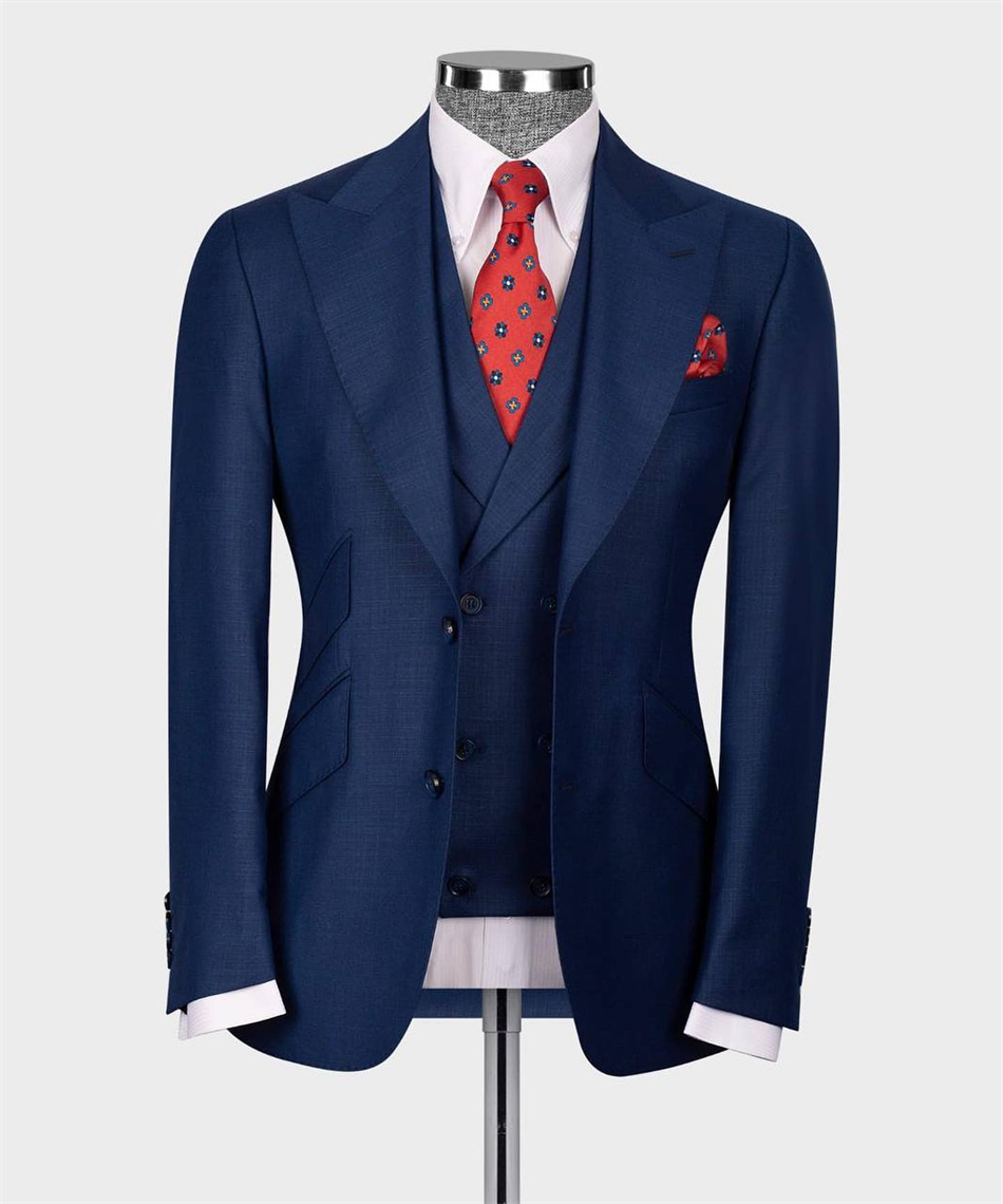 Men Formal Wear With Blazer - クラシックなメンズウェディングタキシード,スリムフィット,ビジネスウェア,フォーマルなパーティースーツ,エレガントなブレザーベストとパンツ,ネイビーブルー,3個