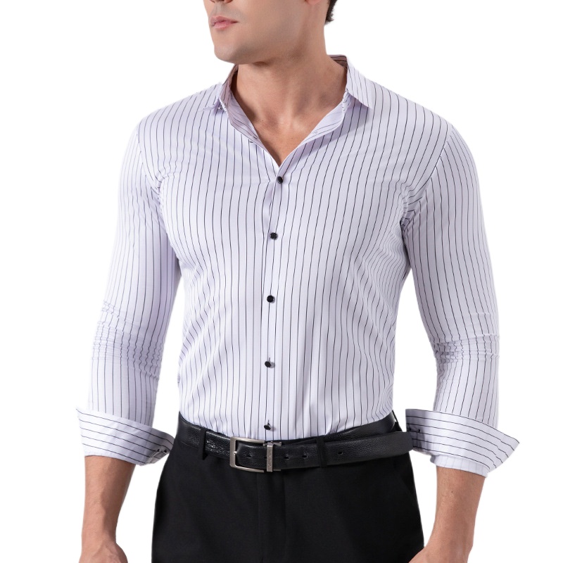 Mens Formal - レトロストライプ柄しわ防止ストレッチドレスシャツ メンズ 2026 ファッション 襟付き長袖フォーマルオフィスビジネスカジュアルシャツ