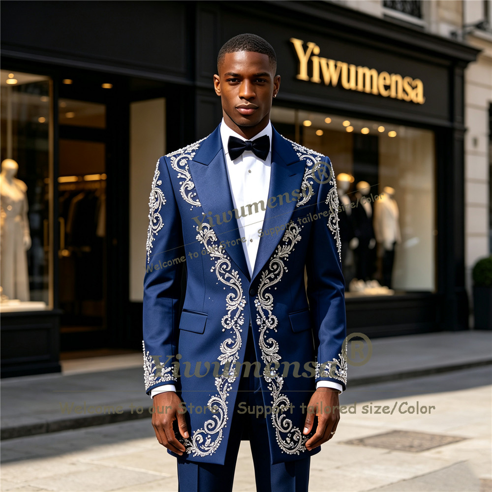 Men'S Formal Wear - 手作りクリスタルビーズ装飾スーツ メンズ カスタムメイド シングルブレスト プロムブレザー ロングフォーマルウェア