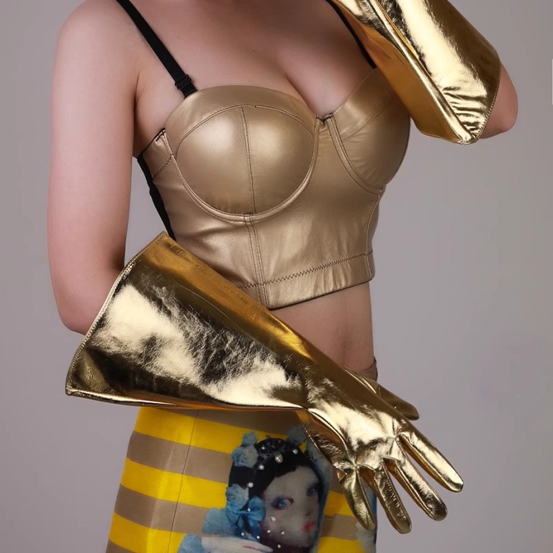 Formal Glove Leather - 女性のファッション PU レザーワイドスリーブロングゴールドグローブレディースクラブパフォーマンスフォーマルパーティーダンスグローブ 38 センチメートル R1326