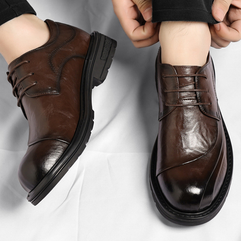 Men'S Formal Wear For Office - ブラウンの艶出し本革レースアップチャンキーソールフォーマルビジネスオフィス新郎結婚式日常着靴ファッション快適