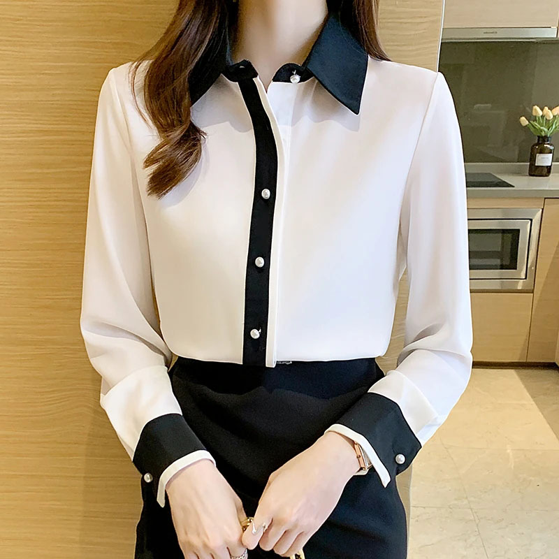 Men Formal Wear Pinterest - 女性用ホワイトシフォンシャツ韓国シックなシングルブレストコントラストラペルオフィスレディシャツカジュアルオールマッチ職業ブラウス