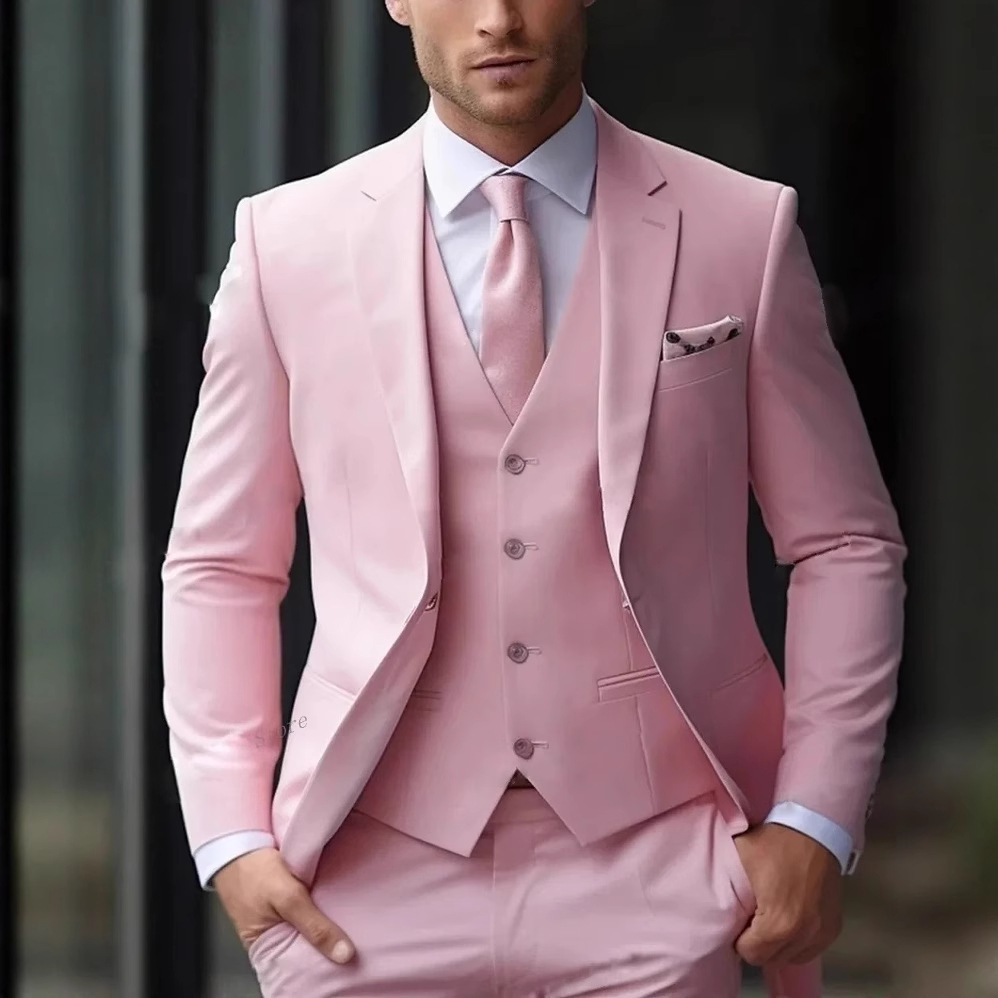Men'S Formal Wear For Reception - 3ピース ピンク フォーマル メンズスーツ スリムフィット グルームタキシード