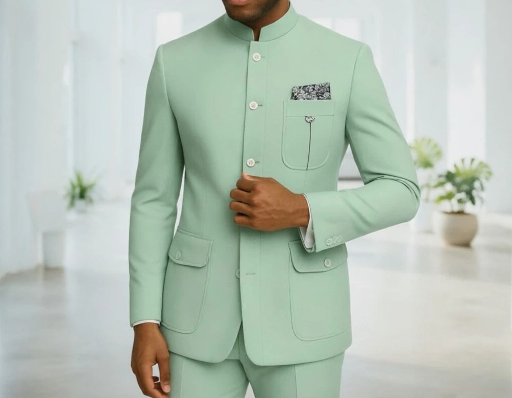 Men'S Formal Wear For Office - サファリメンズスーツ メンズプレミアムライトグリーンマンダリンカラーサファリスーツ テーラードフォーマルブレザー ビジネスカジュアルオフィスウェア用