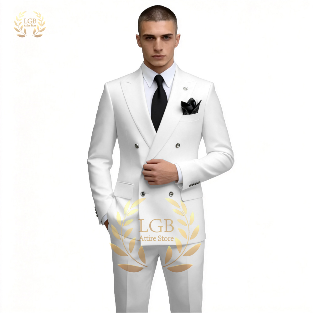 Men Formal Wear With Blazer - メンズホワイトダブルブレストスーツ2ピースセットスリムフィットブレザートラウザーズウェディンググルームプロムフォーマルウェアビジネスイブニングディナー