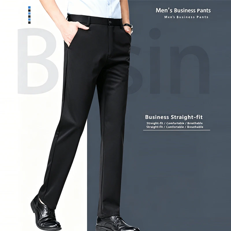 Men'S Formal Attire - メンズオフィスフォーマルストレートフィットビジネスパンツ、柔らかくドレープ性の高い通気性のある軽量ドレスパンツ