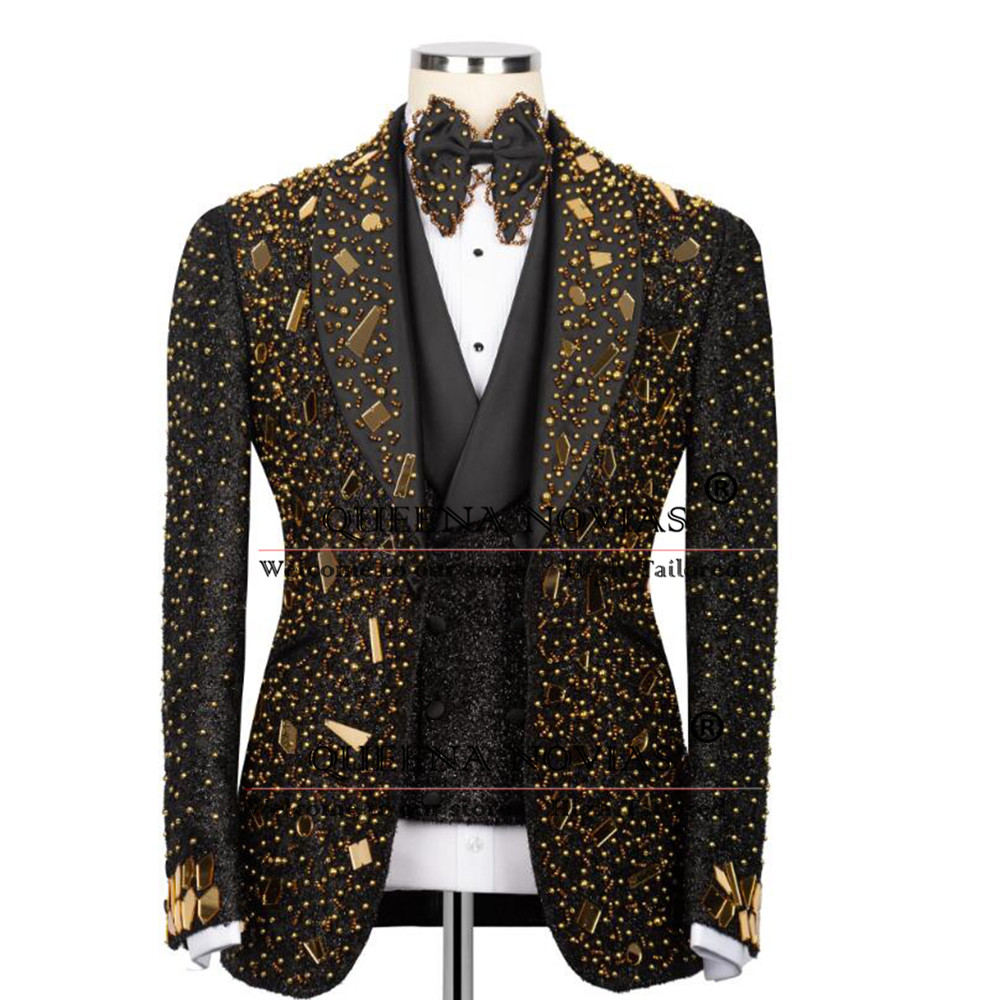 Men'S Formal Wear For Reception - キラキラクリスタルビーズスーツ男性用結婚式カスタマイズされた 3 ピースシングルブレストプロムブレザー男性フォーマルレセプションパーティータキシード