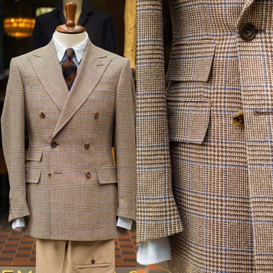 Men'S Formal Wear For Reception - レトロチェック柄ダブルブレストメンズスーツセット、ピークドラペルウール製、フォーマルなレセプションや社交晩餐会の機会に最適、カスタマイズ可能