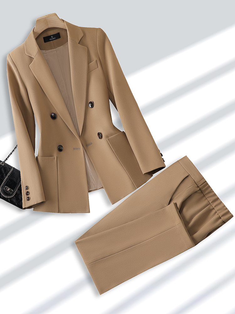 Men'S Formal Wear For Office - 女性のためのブレザーとズボンのスーツ、オフィス、ビジネス、仕事のためのフォーマルなパンツスーツ、女性のファッション、ベージュ、黒、カーキ、ポケット付き2ピースセット