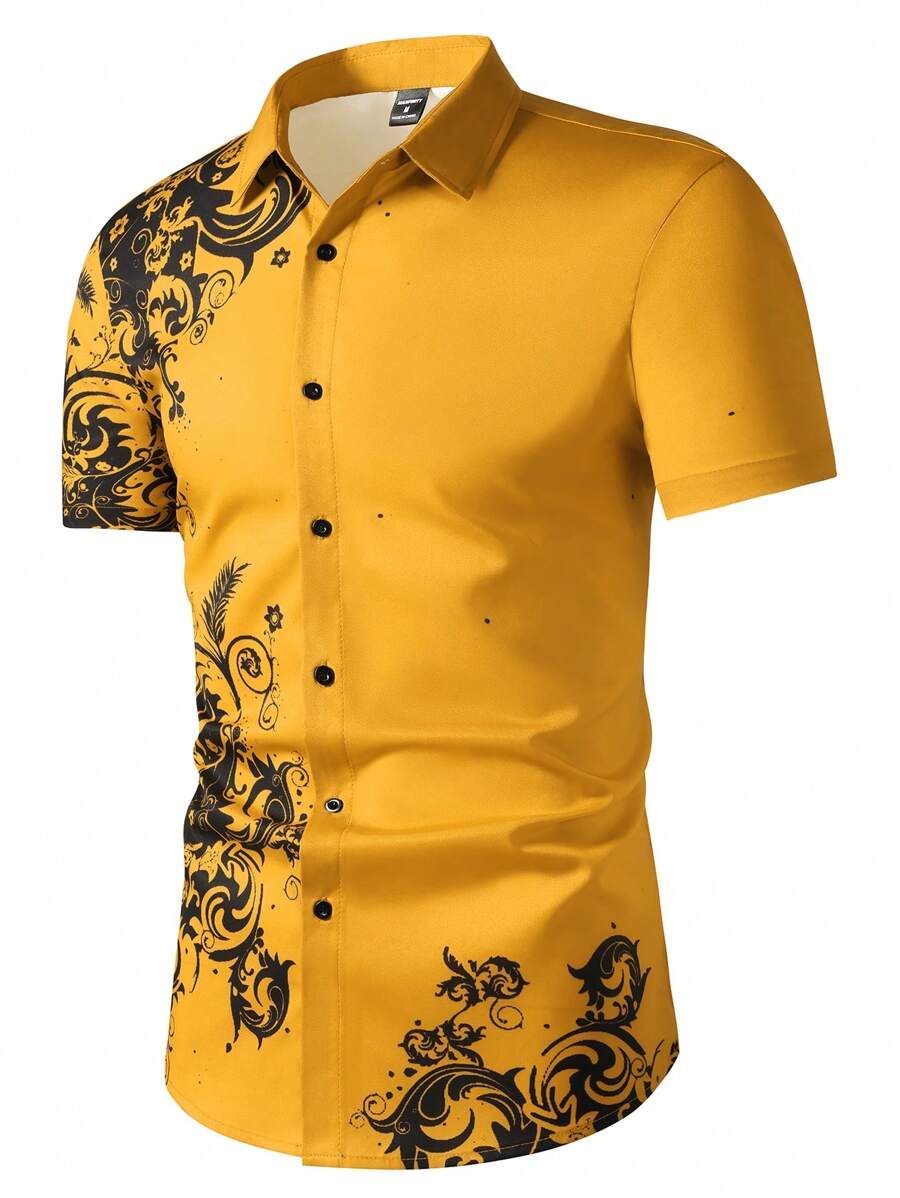 Mens Formal - マンフィニティ オム メンズ カジュアル レトロプリント 半袖ボタンダウンシャツ（抽象花柄）、フォーマル