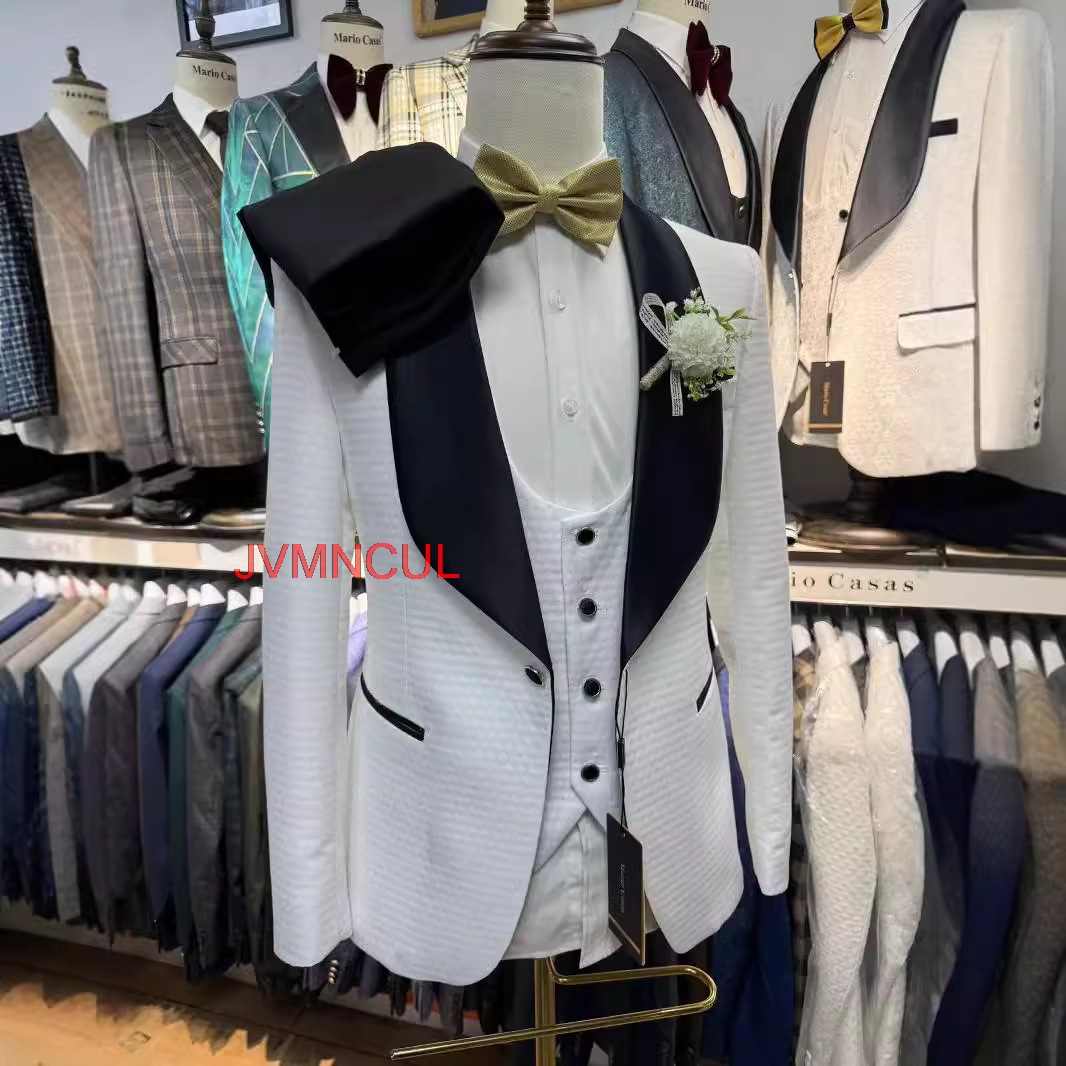 Men'S Formal Wear For Reception - 2026年メンズホワイトジャカード3ピーススーツスリムフィットウェディンググルームフォーマルブレザーベストパンツセット、司会者、宴会、レセプション、パーティーウェア用