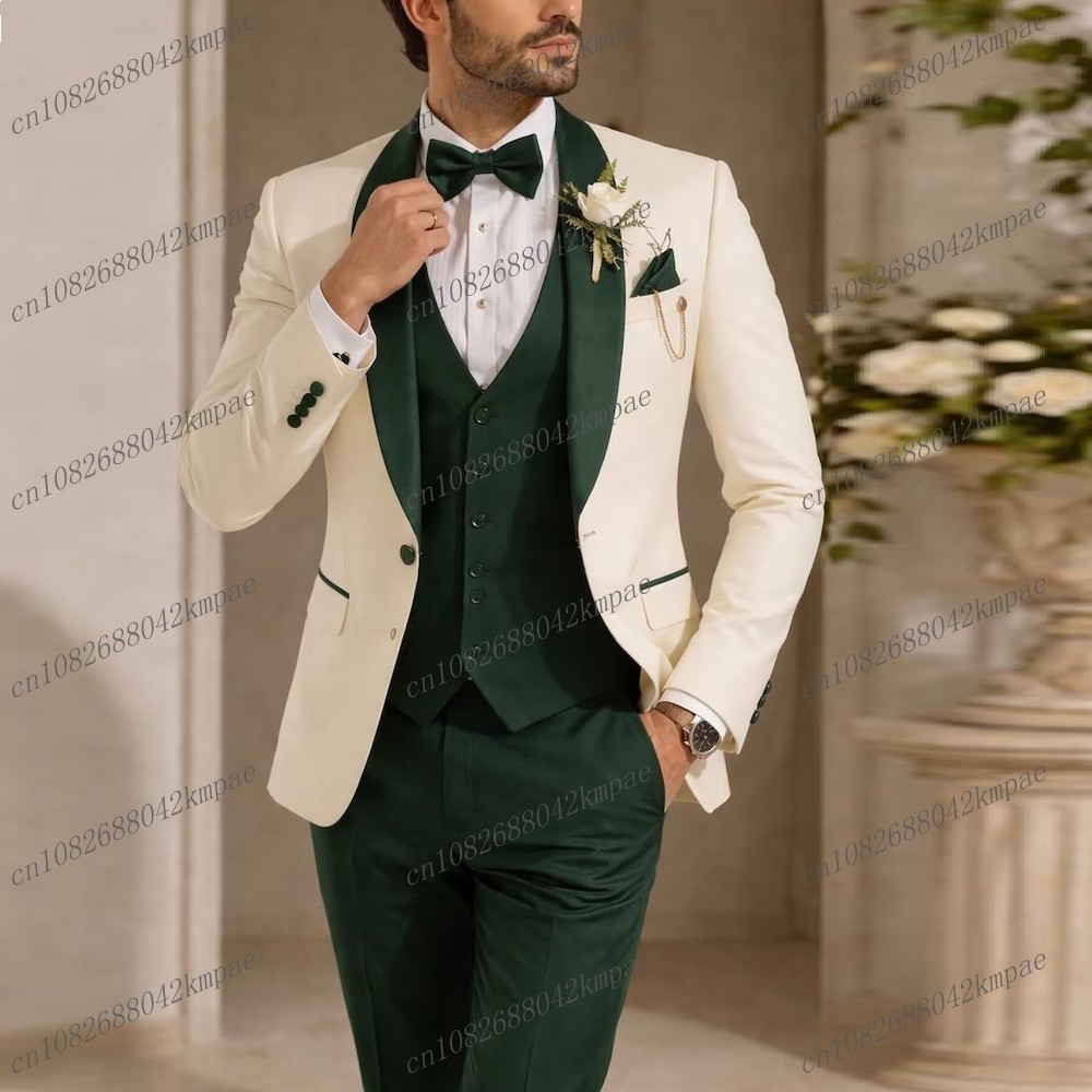 Men'S Formal Attire - 新作アイボリーとダークグリーンのフォーマルメンズスーツ、新郎、花婿介添人、結婚式、パーティー、プロム、ビジネス用男性タキシード、3ピースセット（ブレザー、ベスト、パンツ）