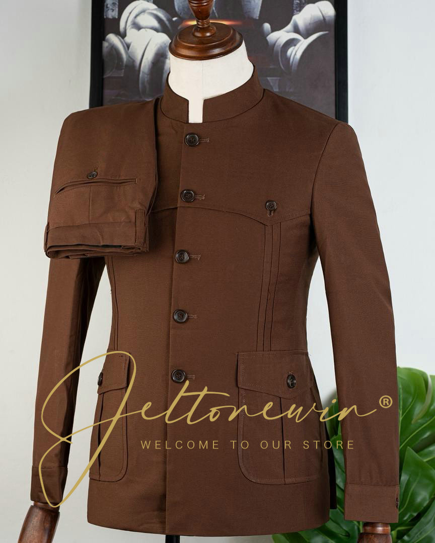 Men Formal Wear Brown - メンズ ブラウン ツーピース スーツ スタンドカラー 5つボタン