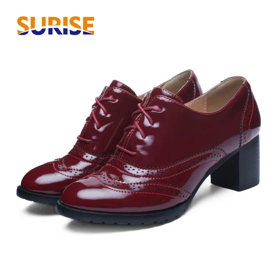 Patent Leather Oxford - 女性用パテントレザーハイブロックヒール、パーティードレス用パンプス、オフィスレディ、レトロなブローグシューズ、英国のオックスフォード、青、赤、黒