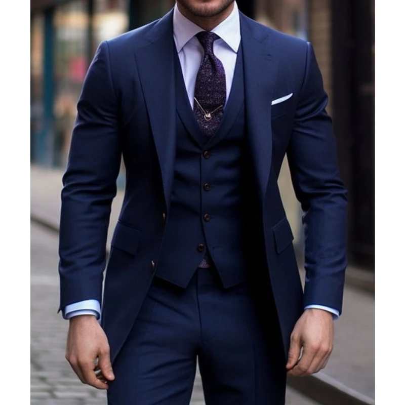 Men Formal Wear With Blazer - メンズカジュアルネイビーブルースーツ、メンズスーツ、スリムフィット、ノッチラペル、フォーマルなニットウェア、ウェディングtuxeos、最高の男性のtuxeos、3個