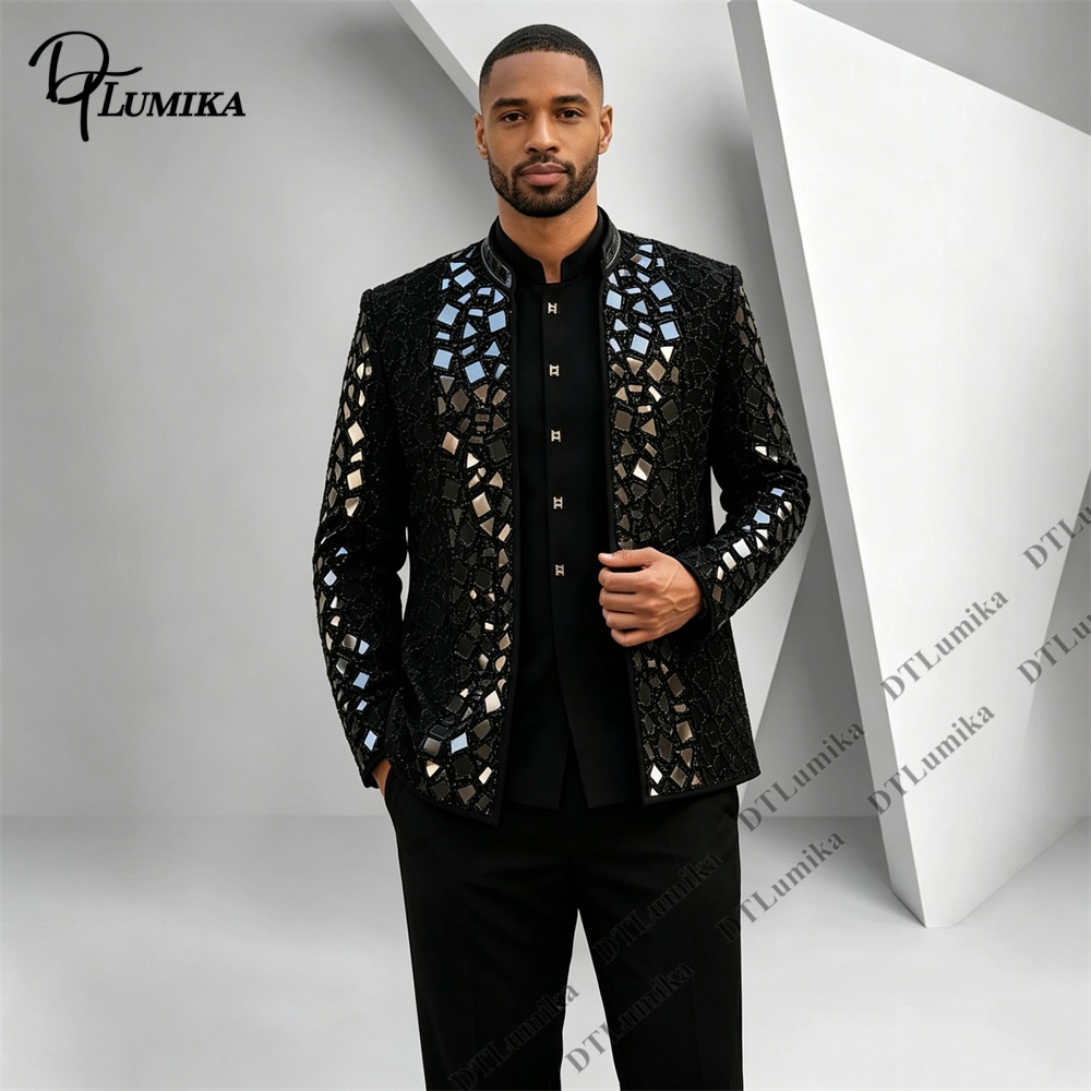 Men'S Formal Wear For Office - 男性黒マンダリンカラースーツミラーモザイクラインストーン装飾ブレザーパンツステージパフォーマンス歌手パーティープロムクラブ着用