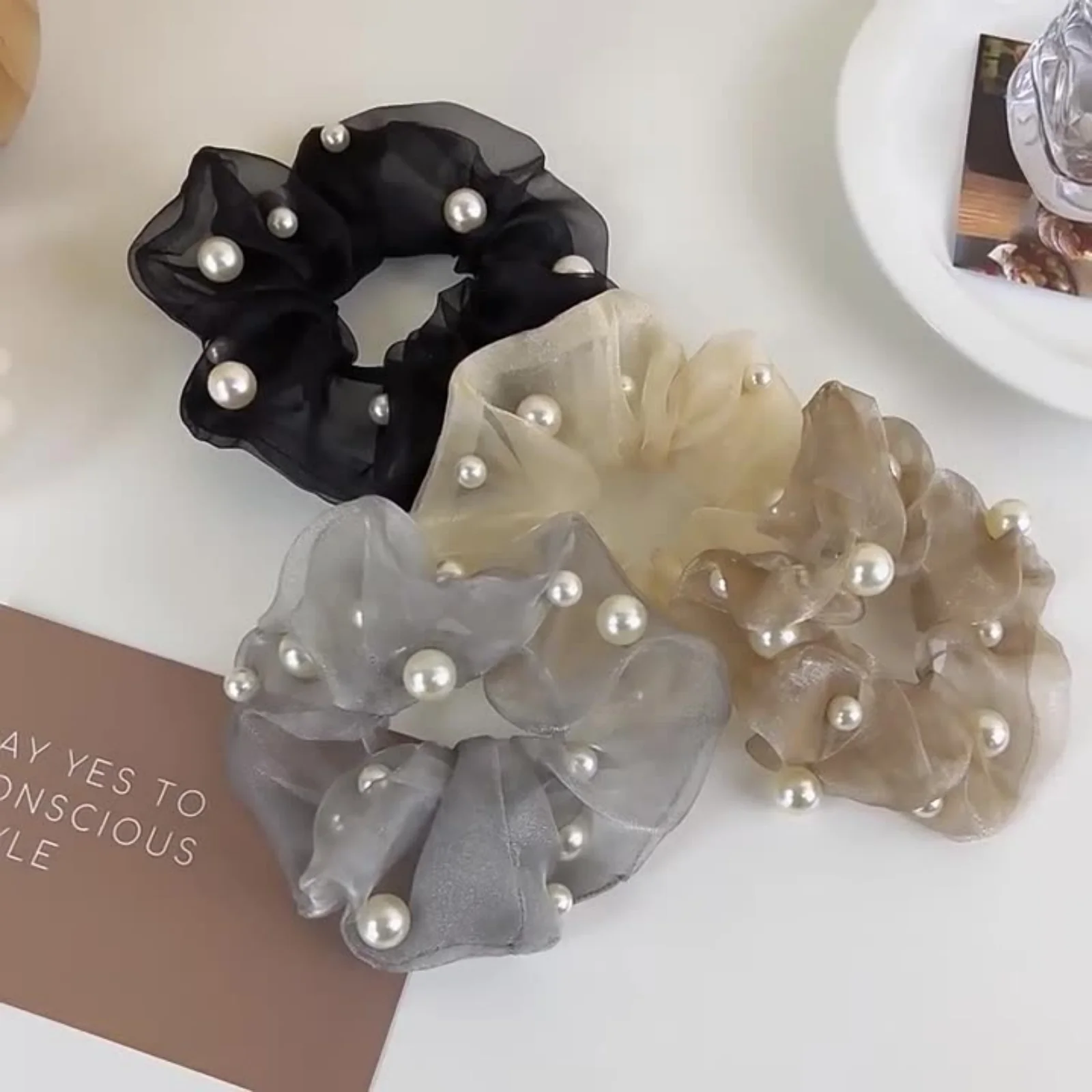 Tie Bar Clip - 1PC エレガントなオーガンザシュシュ、パール付き、女性用スタイリッシュなヘアアクセサリー、必須アイテムのヘアグリップヘアタイ
