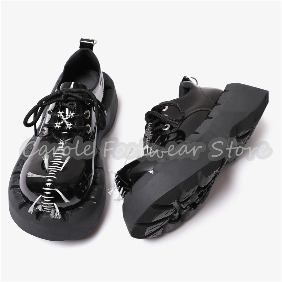 Patent Leather Oxford - 男性用チャンキーボトム身長アップシューズ ゴシックステッチプラットフォーム レースアップダービーシューズ ブラックパテントレザー ストリートウェアオックスフォード