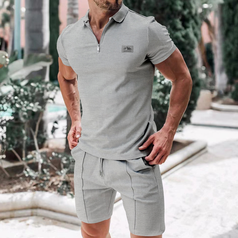 Mens Formal - 2026年新作メンズヨーロピアンスタイルスーツセット - 夏用無地ジッパー付き襟付きブラウス、半袖、ドレスショーツ - ツーピース