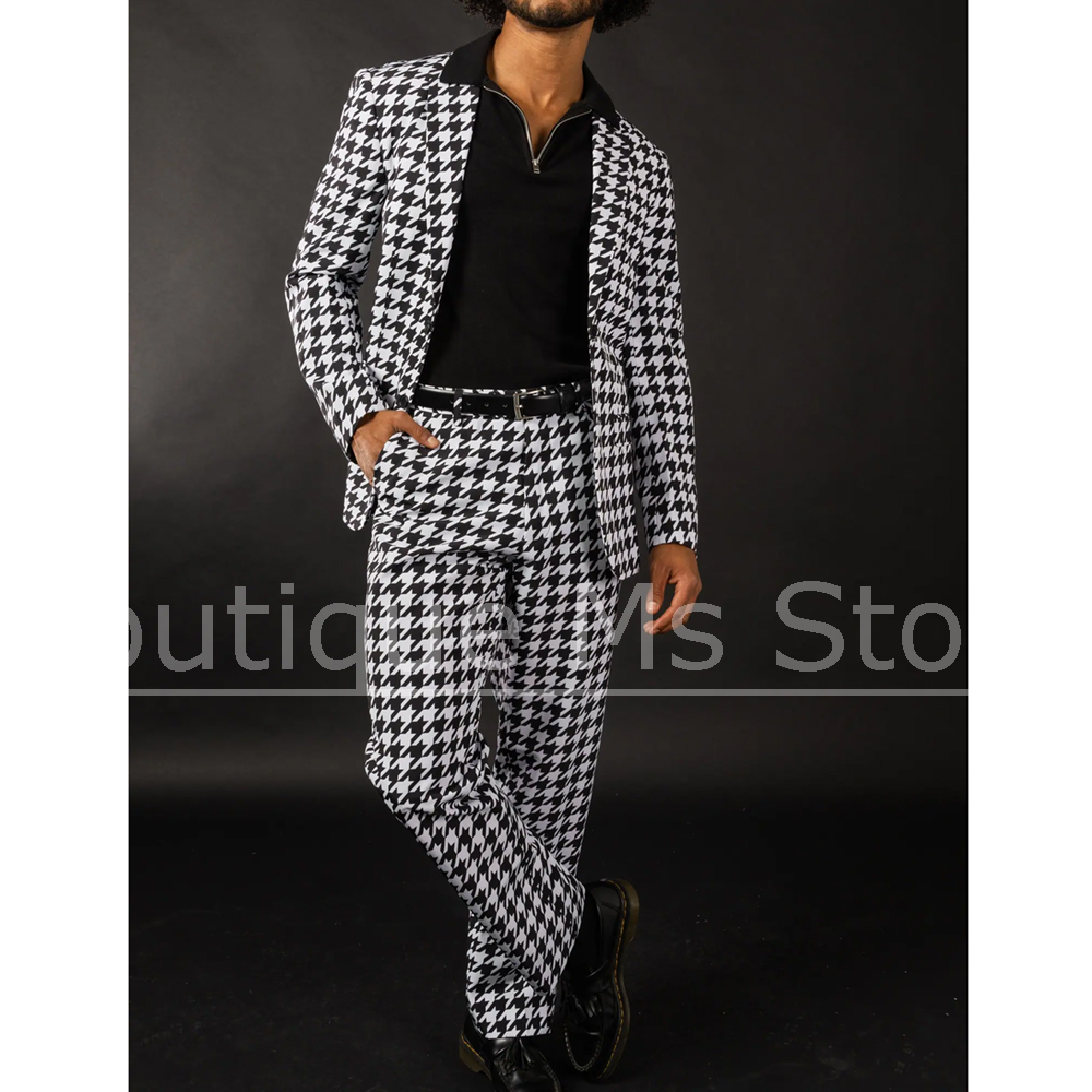Men Formal Wear With Blazer - 黒白千鳥格子柄メンズスーツ スリムフィットブレザーパンツセット ファッションパターン フォーマルパーティーウェア スタイリッシュカジュアルビジネススーツ