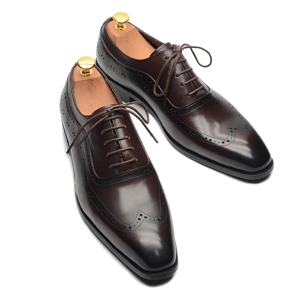 Men Formal Wear Brown - 高級メンズウィングチップオックスフォードドレスシューズ本革ブローグダークブラウンレースアップとんがりつま先ビジネスオフィス結婚式フォーマルシューズ