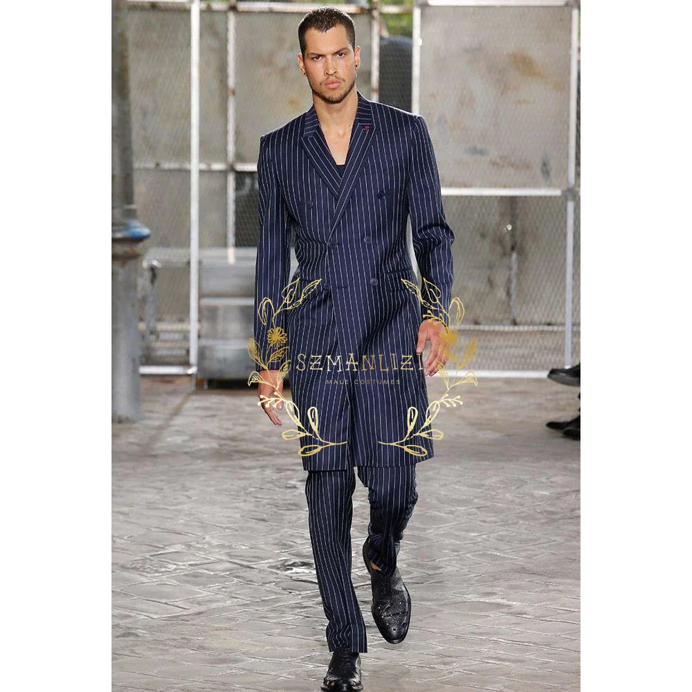 Men Formal Wear With Blazer - フォーマルメンズスーツ 2 ピース ネイビー ブルー ストライプ