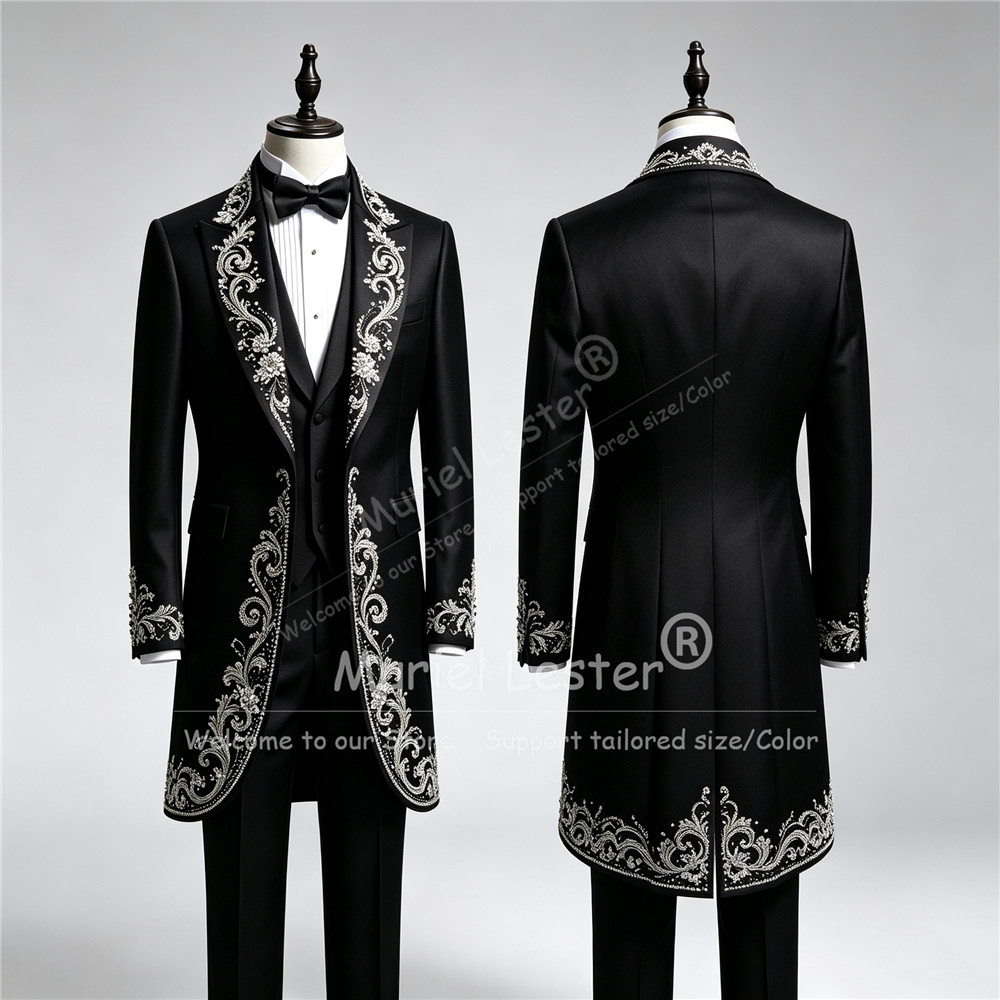 Men Formal Wear With Blazer - ラグジュアリーメンズウェディングタキシードスーツ、ロング丈、カスタムメイド、キラキラクリスタルビーズ装飾、プロムブレザー、ベスト、パンツ、3ピースセット、新郎衣装