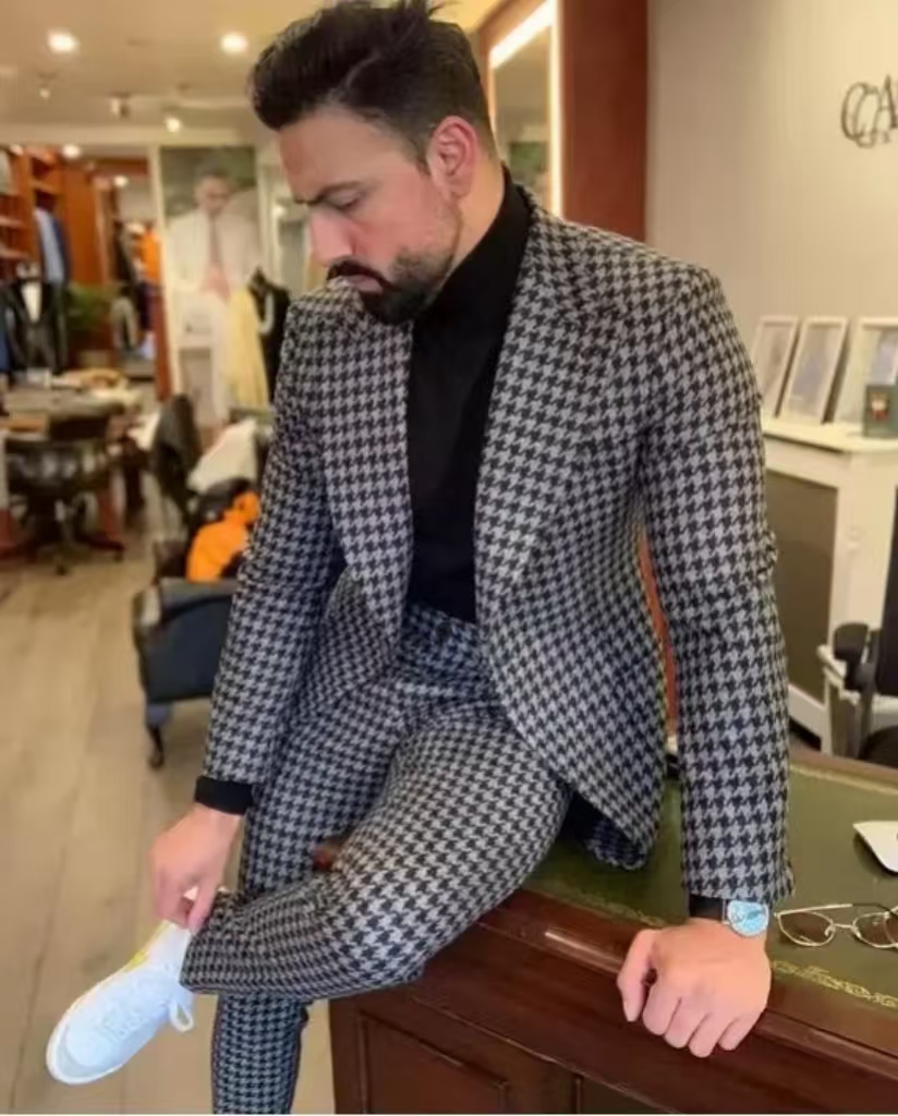 千鳥格子柄ヴィンテージメンズスーツ、ピークラペル、2ピースブ - Men Formal Wear With Blazer のレビューと価格
