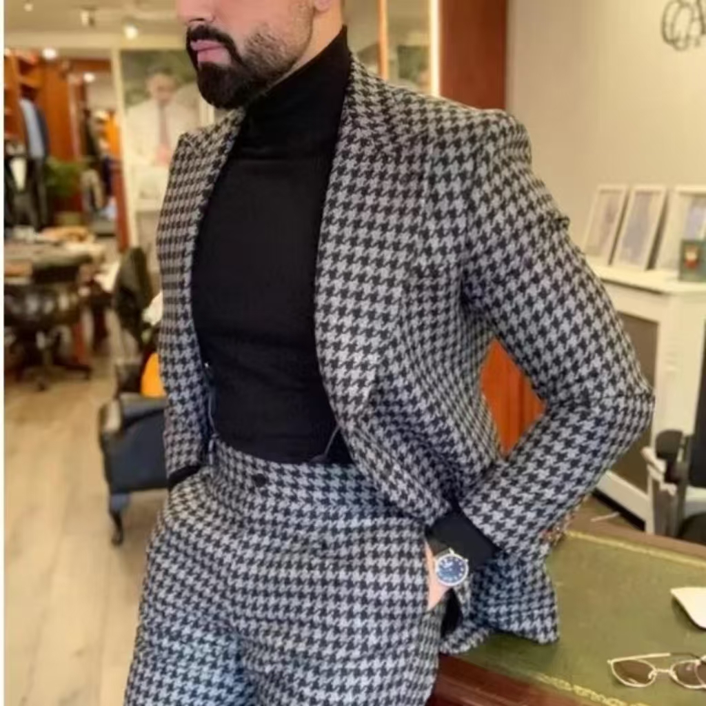 千鳥格子柄ヴィンテージメンズスーツ、ピークラペル、2ピースブ - Men Formal Wear With Blazer のレビューと価格