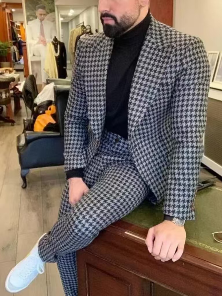 千鳥格子柄ヴィンテージメンズスーツ、ピークラペル、2ピースブ - Men Formal Wear With Blazer のレビューと価格