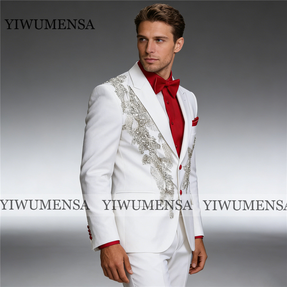 結婚式用の高級メンズスーツ、キラキラ輝くクリスタルビーズ刺繍 - Men Formal Wear With Blazer のレビューと価格