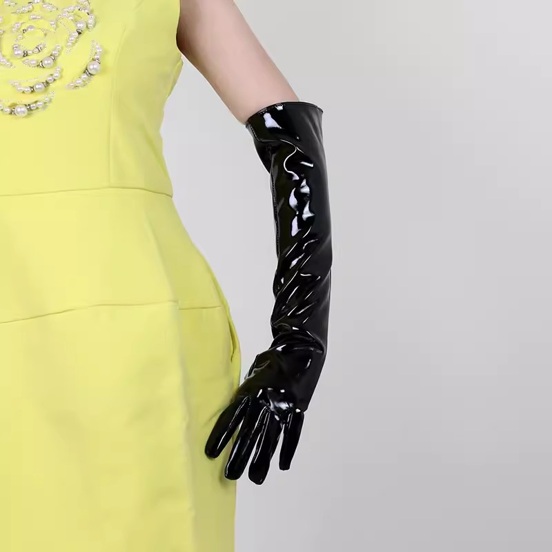 女性のファッションパテントブラック PU レザーロンググロー - Formal Glove Leather のレビューと価格