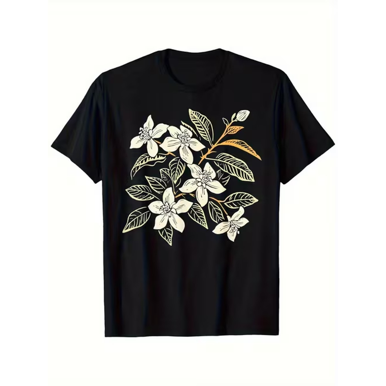 メンズレトロ花柄Tシャツ、黒地に白と金色の植物柄、丈夫な18 - Men'S Formal Attire のレビューと価格