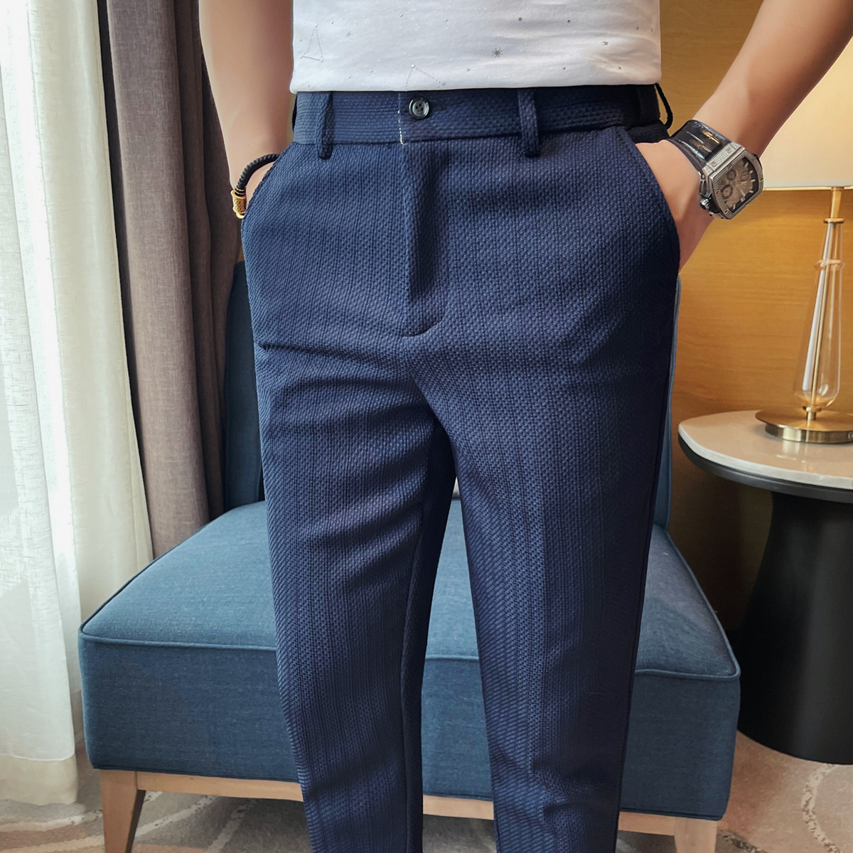 2025 春夏の新メンズ薄いストライプカジュアルパンツファッ - Men'S Formal Attire のレビューと価格