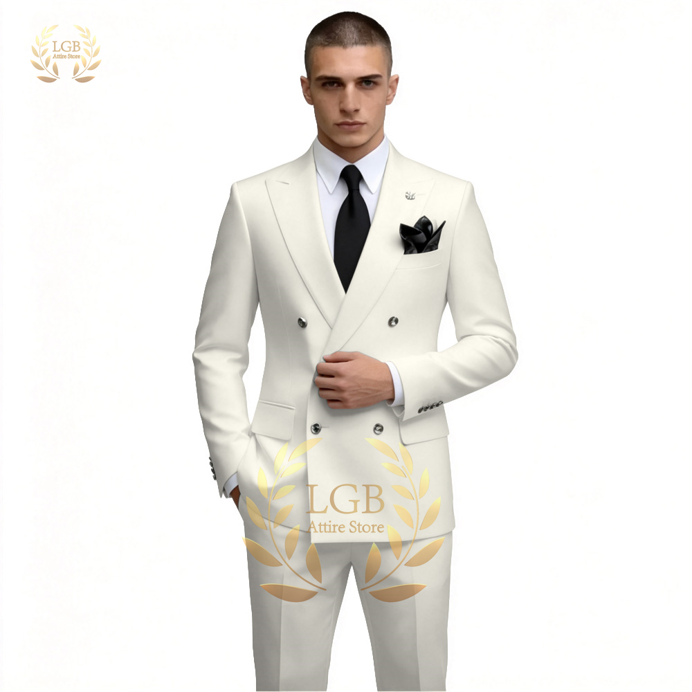メンズホワイトダブルブレストスーツ2ピースセットスリムフィッ - Men Formal Wear With Blazer のレビューと価格