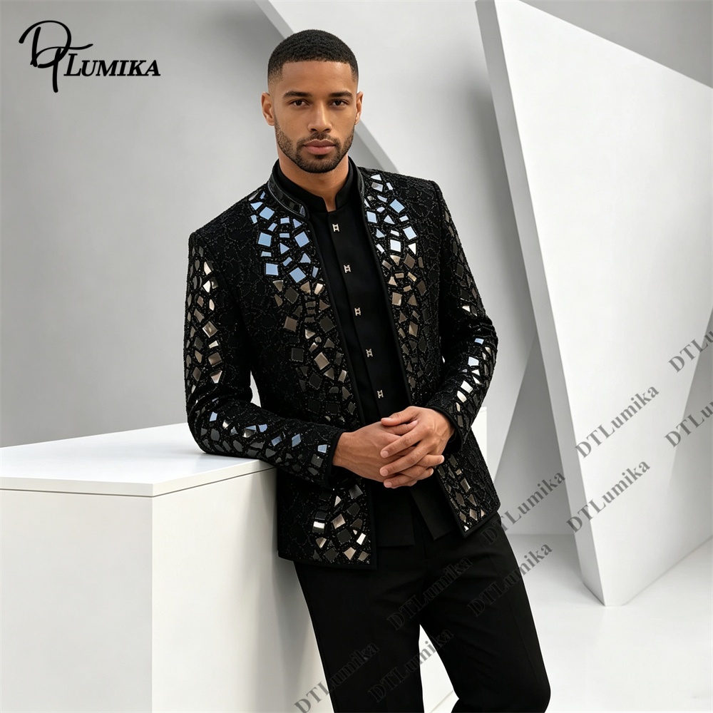 男性黒マンダリンカラースーツミラーモザイクラインストーン装飾 - Men'S Formal Wear For Office のレビューと価格