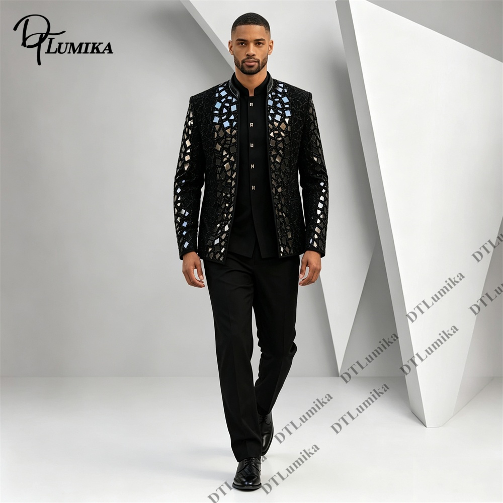 男性黒マンダリンカラースーツミラーモザイクラインストーン装飾 - Men'S Formal Wear For Office のレビューと価格
