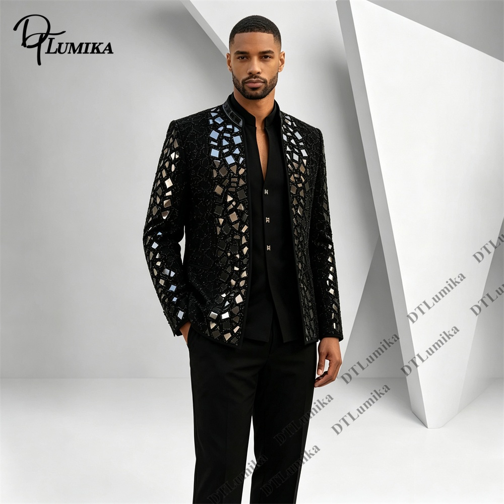 男性黒マンダリンカラースーツミラーモザイクラインストーン装飾 - Men'S Formal Wear For Office のレビューと価格